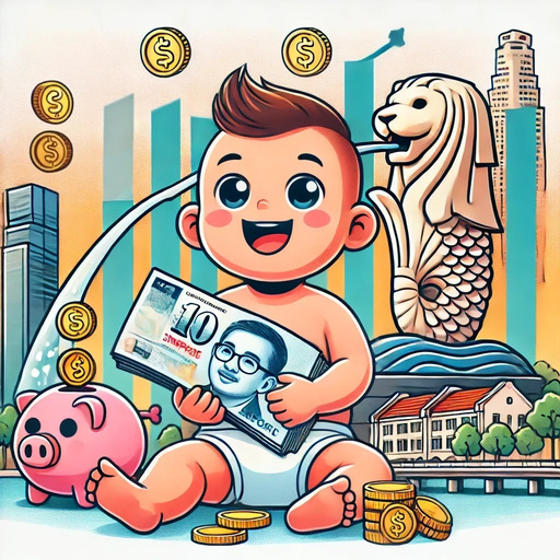 A happy baby with Singaporean money, representing the Baby Bonus scheme