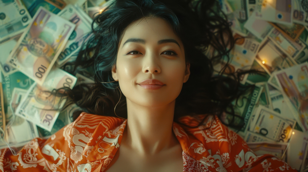 A asian woman sleeping on a bed of money